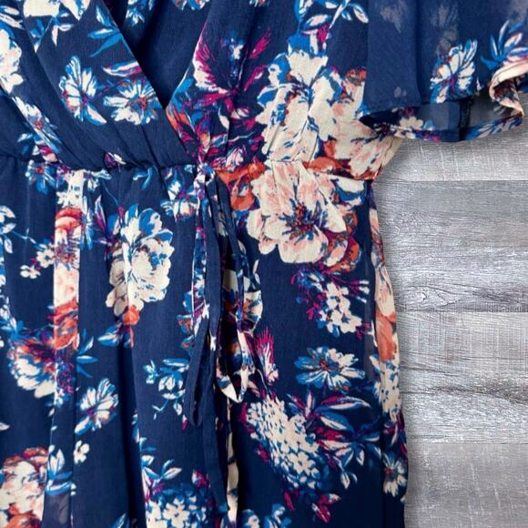 As U Wish Romper Womens S Floral Navy Blue Flutter 1/2 Sleeve V Neck Low Back - Picture 5 of 8